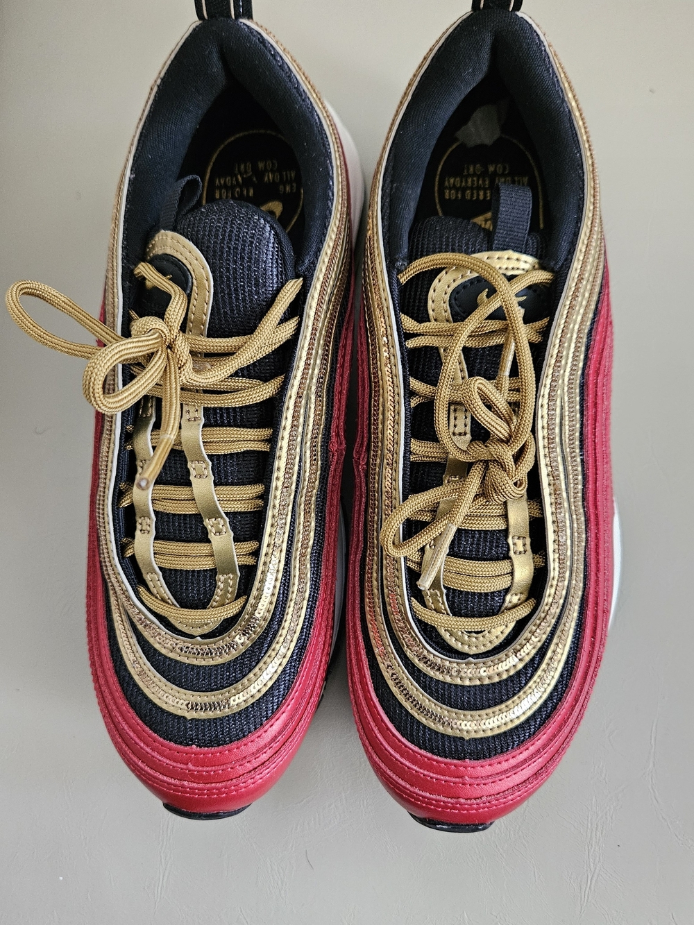 Womens Nike Athletic Air Max Sneakers in Black, Gold & Red